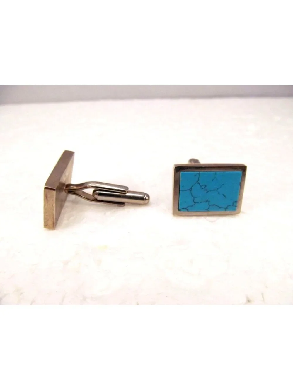 Men's Rectangle Acrylic Faux Turquoise Cufflinks Silver Tone Metal & Bullet Back